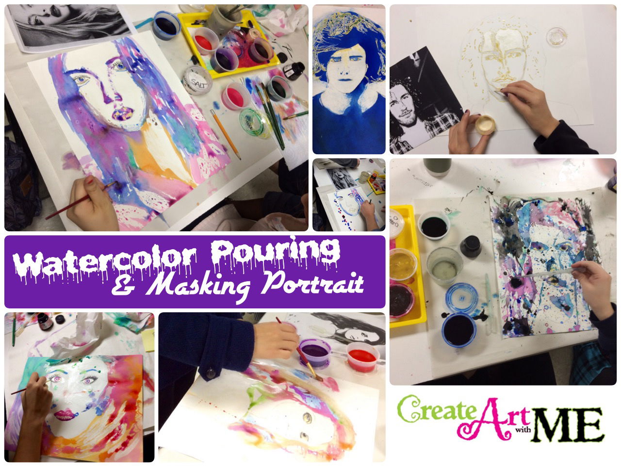 Watercolor Pouring and Masking Portrait Art Lesson - Create Art with ME